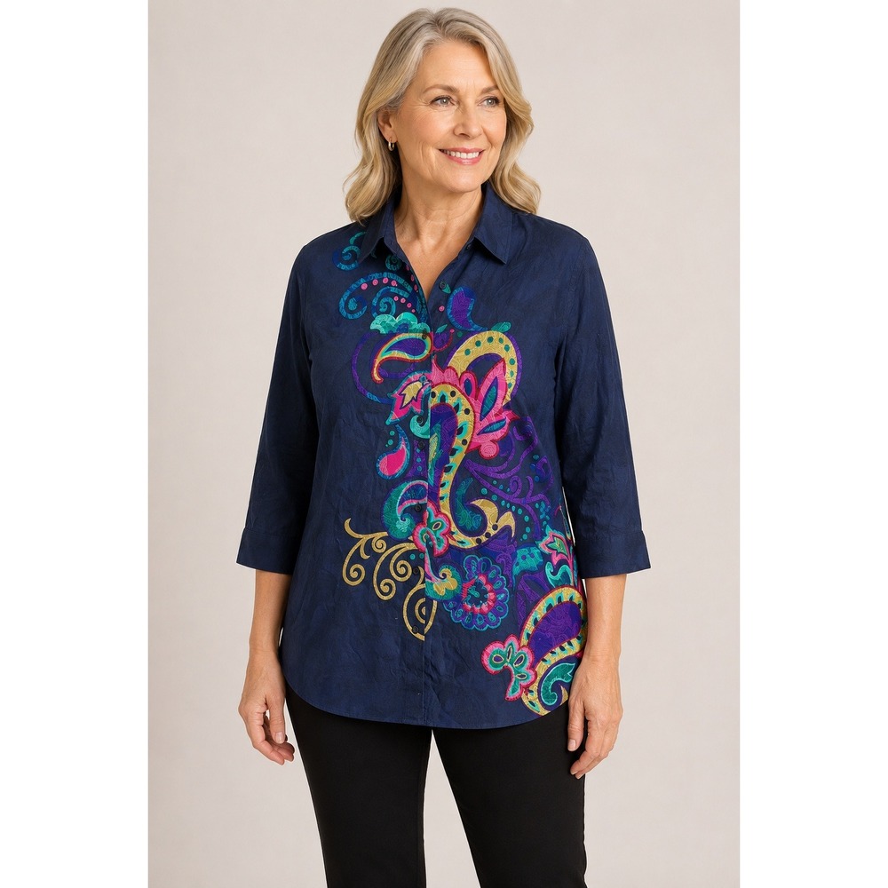 Chico's Blouse Women's Women's XL Paisley Floral No-Iron Office Artsy Blue